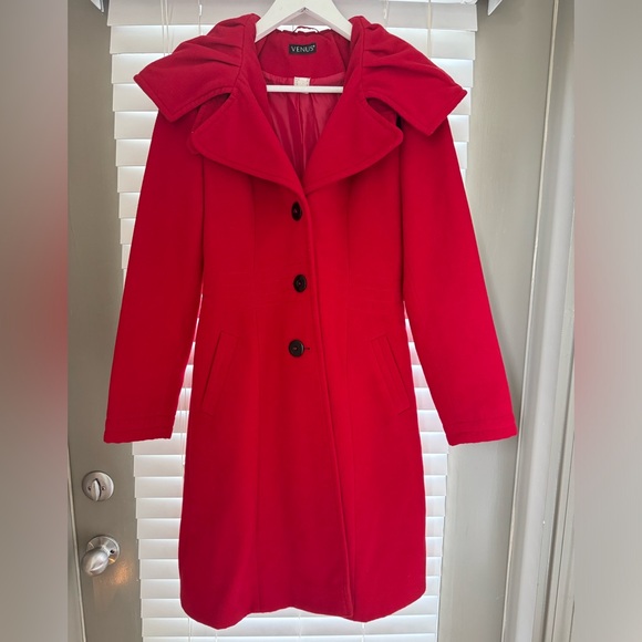 VENUS | LONG JACKET & COAT | RUFFLE COLLAR | HOODED | POCKETS | RED | SIZE 2 - Picture 2 of 9
